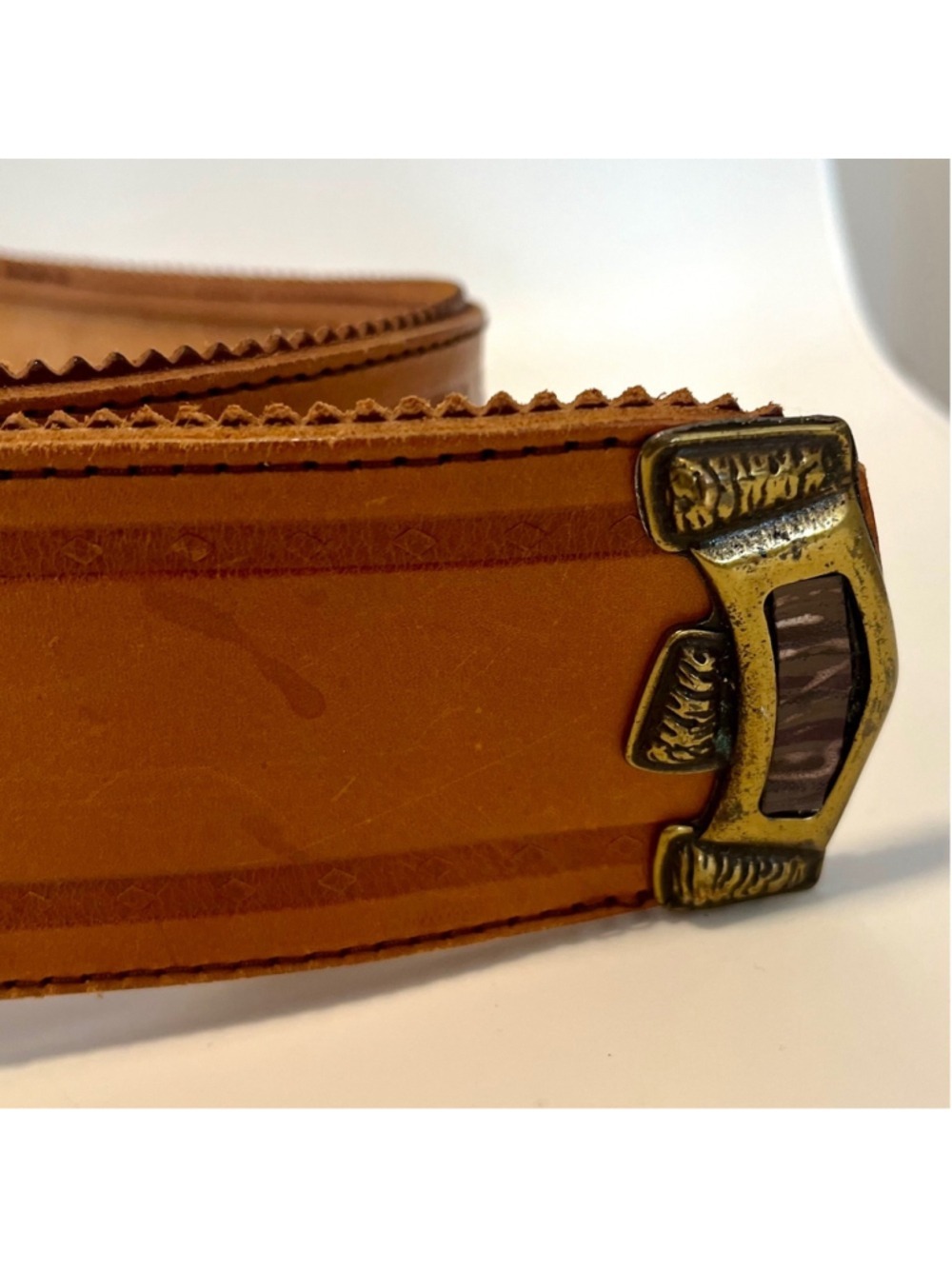 MINORONZONI Italian Vintage Leather Belt, Caramel Tan, Large Western Buckle, XL - Picture 8 of 13